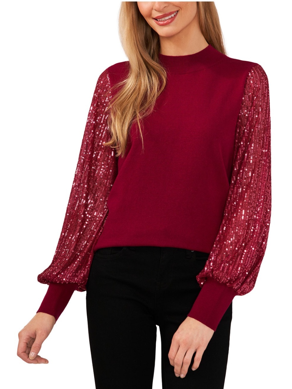 NWT CeCe XL Deep Merlot Women's Sheer Sequin Sleeve Mock-Neck Cotton Sweater $79